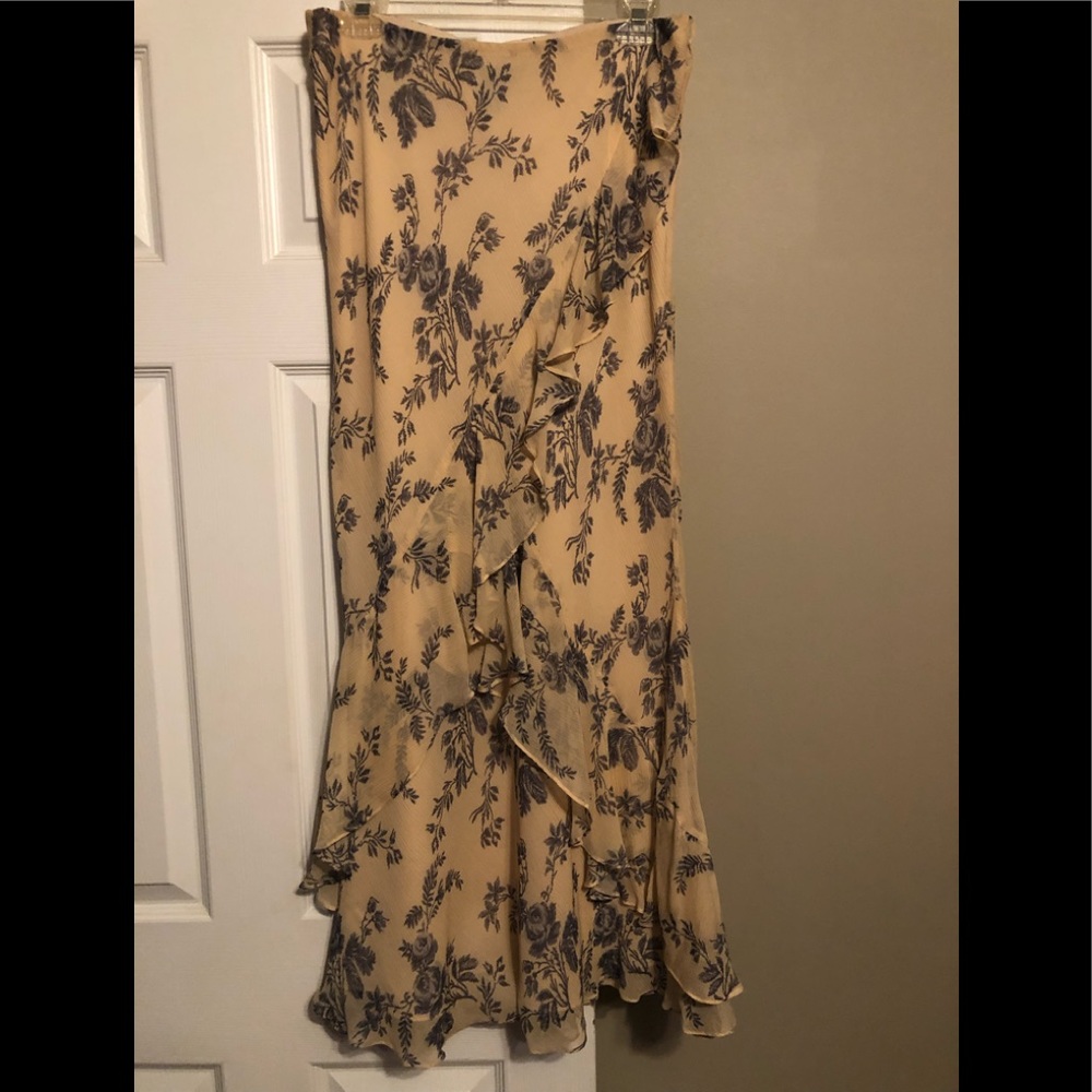 Lauren Ralph Lauren Silk Beige with Navy Flowers Maxi Skirt with Ruffle Front